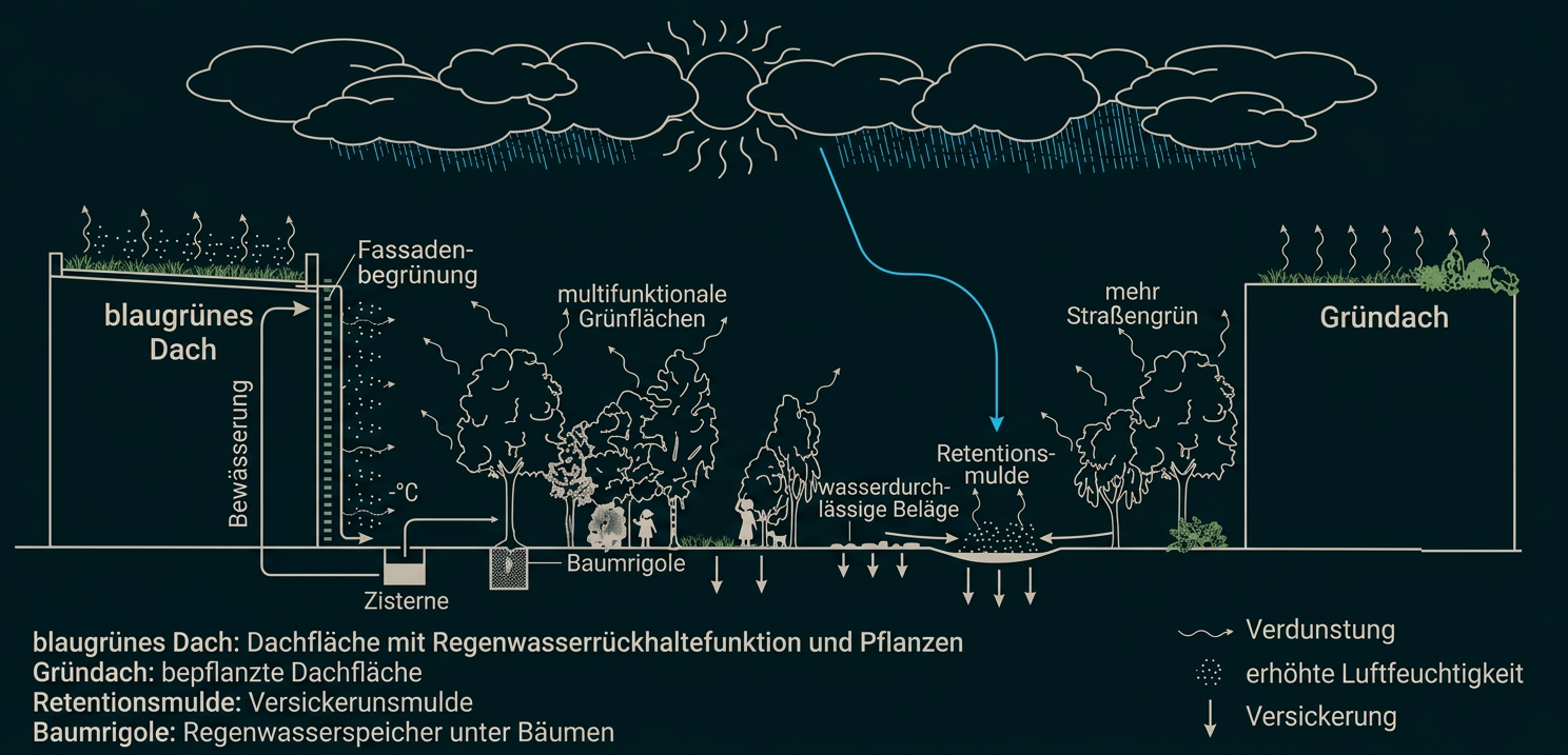 Schema zur Regenwasserrückhaltung durch begrünte Dächer, Grünflächen, Bäume und Versickerungsmulden.
